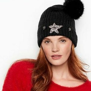 NWT Victoria's Secret Black Star Pom Pom Beanie!